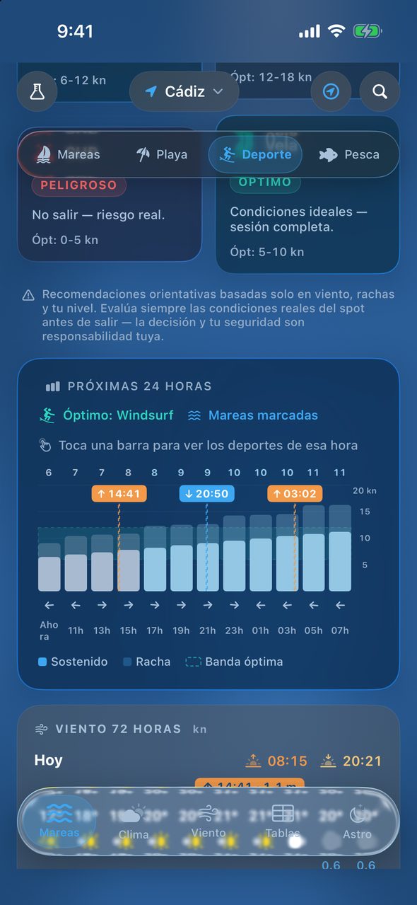 Mareas Pro, pantalla Deporte: Viento hora a hora y las mejores horas para tu deporte.