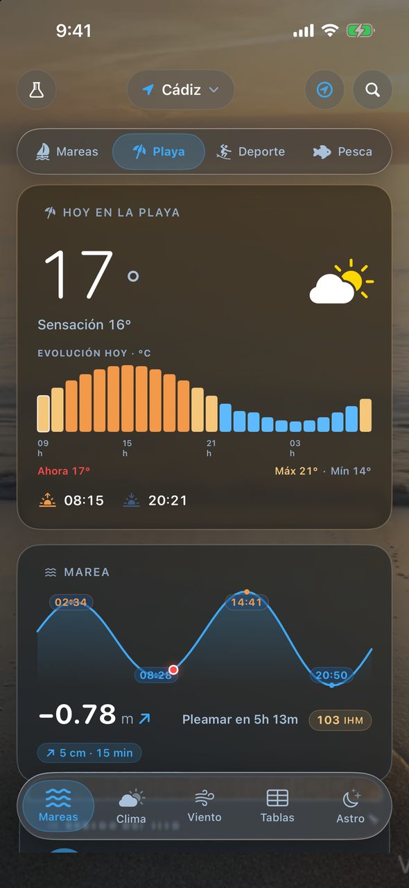 Mareas Pro, pantalla Playa: Temperatura, índice UV y la marea en la playa.